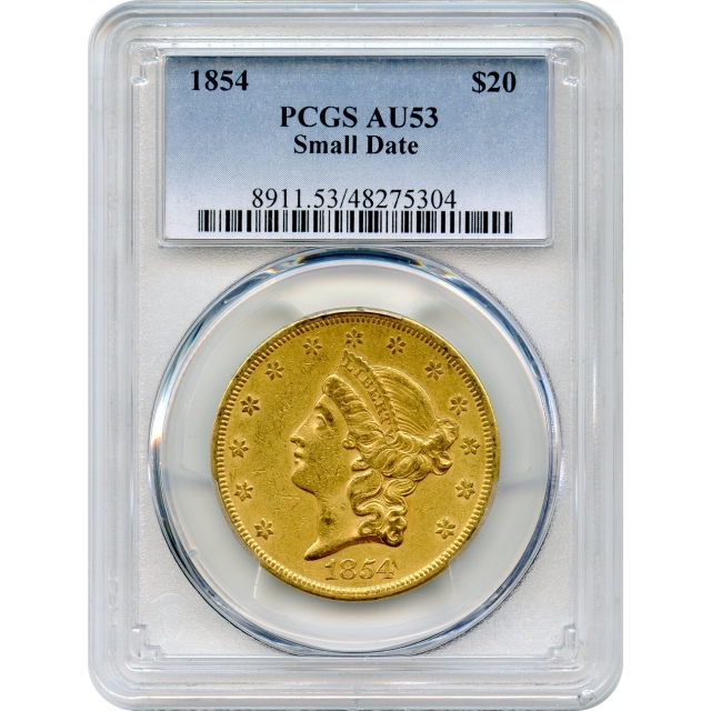 1854 $20 Liberty Head Double Eagle, Small Date PCGS AU53