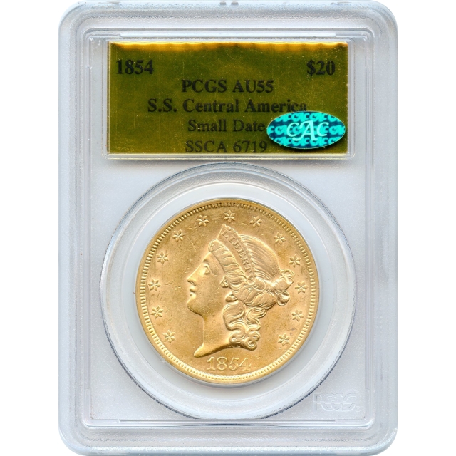 1854 $20 Liberty Head Double Eagle, Small Date PCGS AU55 (CAC) Ex.SS Central America