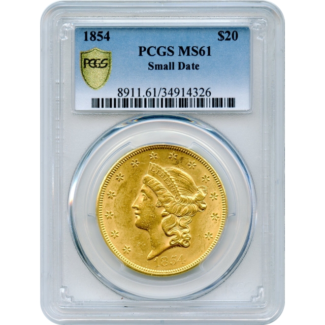1854 $20 Liberty Head Double Eagle, Small Date PCGS MS61