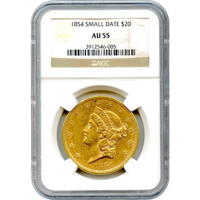 1854 $20 Liberty Head Double Eagle, Small Date NGC AU55