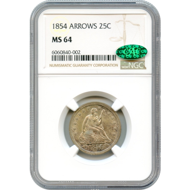 1854 25C Liberty Seated Quarter Dollar, Arrows NGC MS64 (CAC)