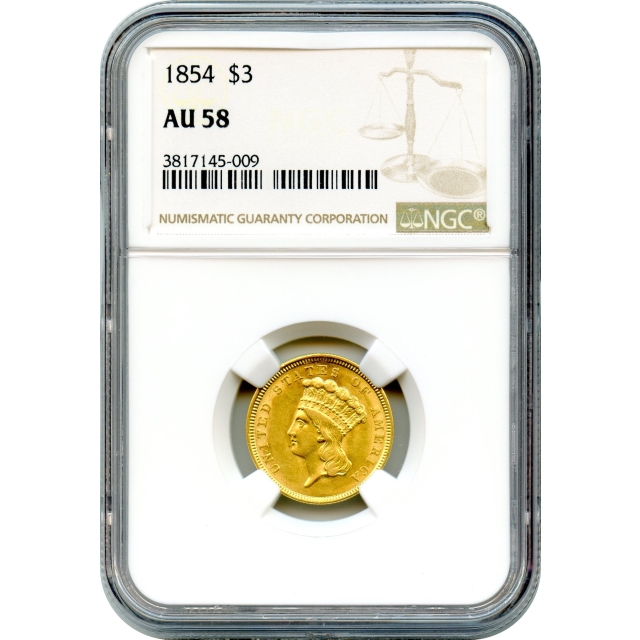 1854 $3 Indian Princess Three Dollar NGC AU58