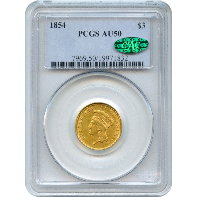 1854 $3 Indian Princess Three Dollar PCGS AU50 (CAC)