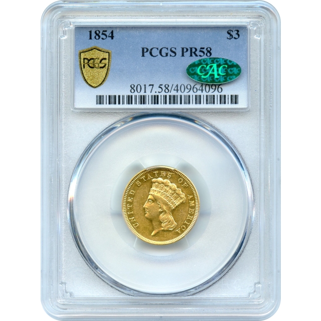 1854 $3 Indian Princess Three Dollar PCGS Proof-58 (CAC)