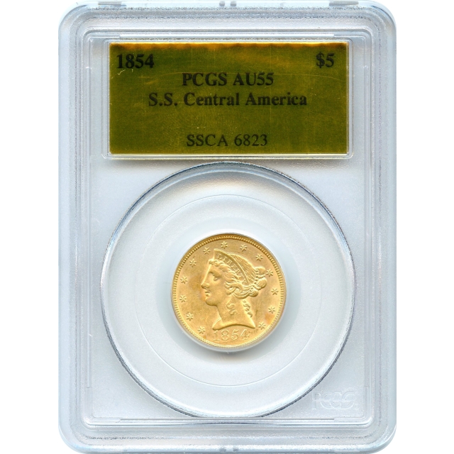 1854 $5 Liberty Head Half Eagle PCGS AU55 Ex.SS Central America
