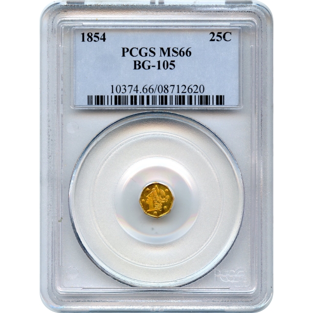 BG- 105, 1854 California Gold Rush Circulating Fractional Gold 25C, Liberty Octagonal PCGS MS66 R3