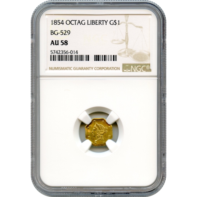 BG- 529, 1854 California Gold Rush Circulating Fractional Gold $1, Liberty Octagonal NGC AU58 R8