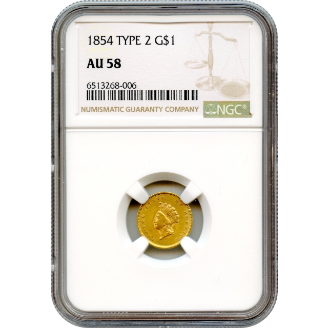 1854 G$1 Indian Princess Gold Dollar, Type 2 NGC AU58