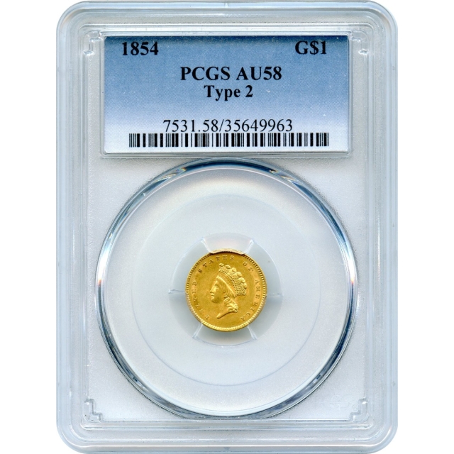 1854 G$1 Indian Princess Gold Dollar, Type 2 PCGS AU58