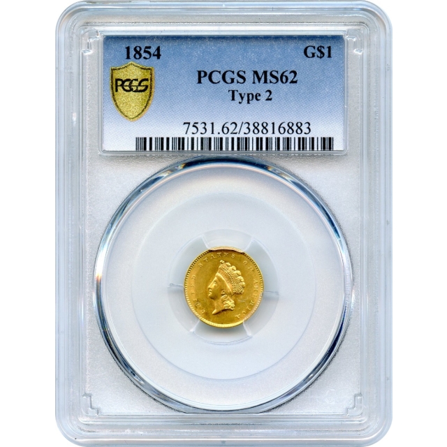 1854 G$1 Indian Princess Gold Dollar, Type 2 PCGS MS62