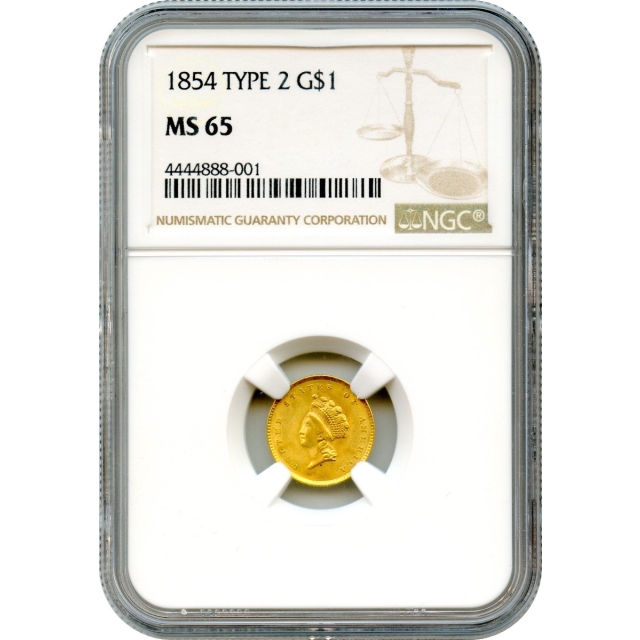 1854 G$1 Indian Princess Gold Dollar, Type 2 NGC MS65