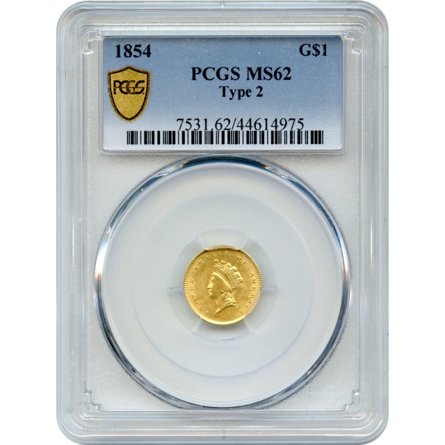 1854 G$1 Indian Princess Gold Dollar, Type 2 PCGS MS62