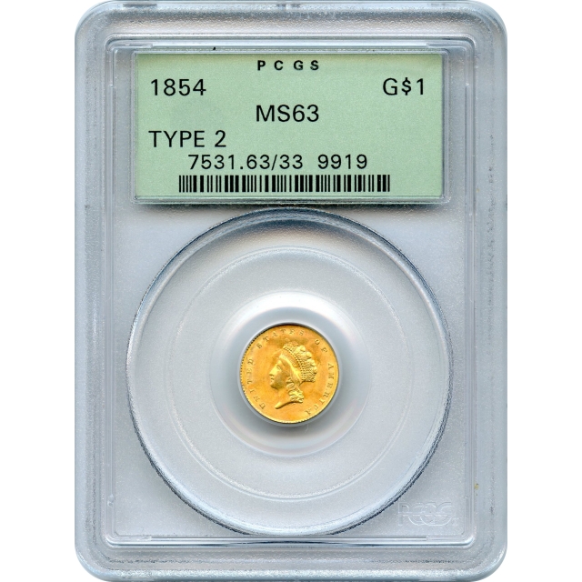 1854 G$1 Indian Princess Gold Dollar, Type 2 PCGS MS63