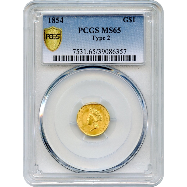 1854 G$1 Indian Princess Gold Dollar, Type 2 PCGS MS65