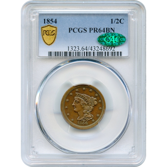 1854 1/2C Braided Hair Half Cent, PCGS PR64BN (CAC) - Mintage of Only 30!