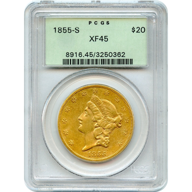 1855-S $20 Liberty Head Double Eagle PCGS XF45