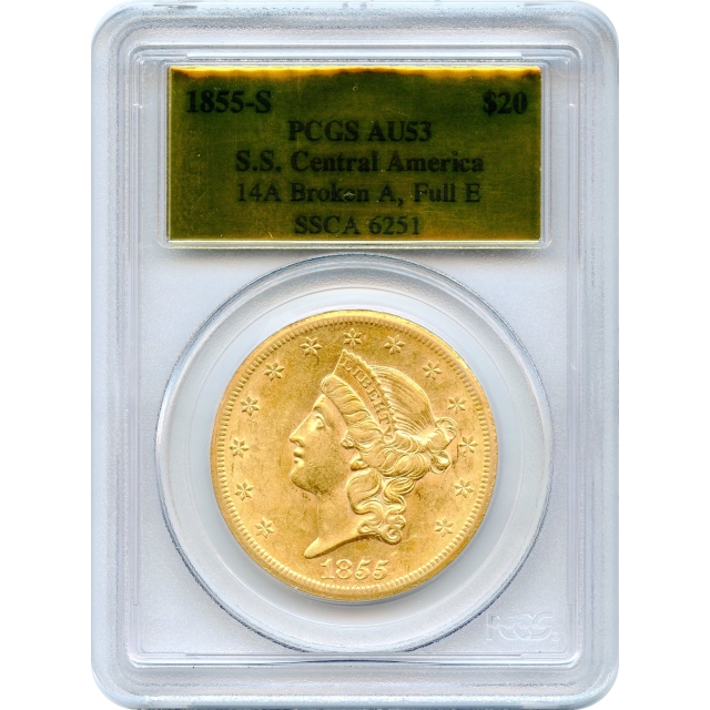 1855-S $20 Liberty Head Double Eagle, 14A PCGS AU53 Ex. SS Central America w/box & COA