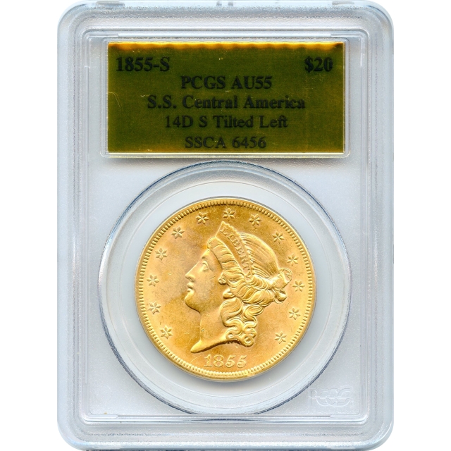 1855-S $20 Liberty Head Double Eagle, 14D PCGS AU55 Ex. SS Central America 