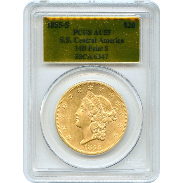1855-S $20 Liberty Head Double Eagle, 14B PCGS AU55 Ex.SS Central America w/Box & COA