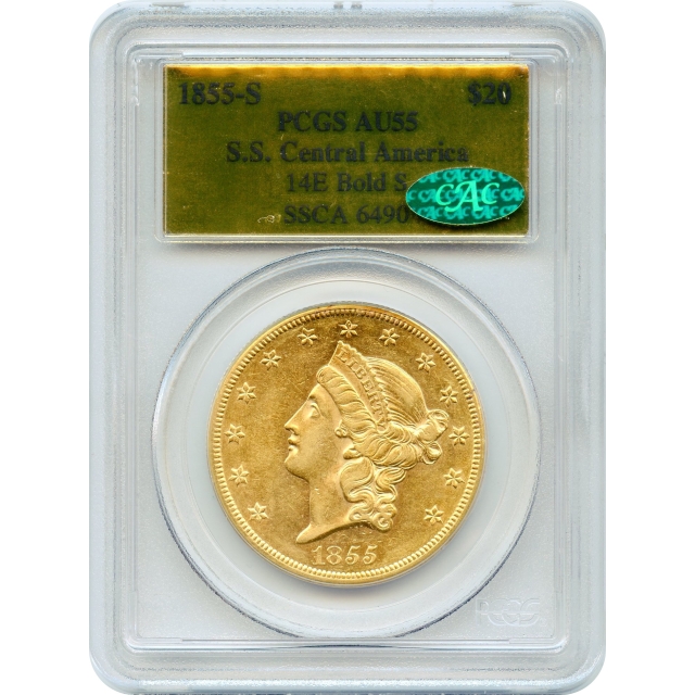 1855-S $20 Liberty Head Double Eagle, 14E PCGS AU55 (CAC) Ex. SS Central America w/box