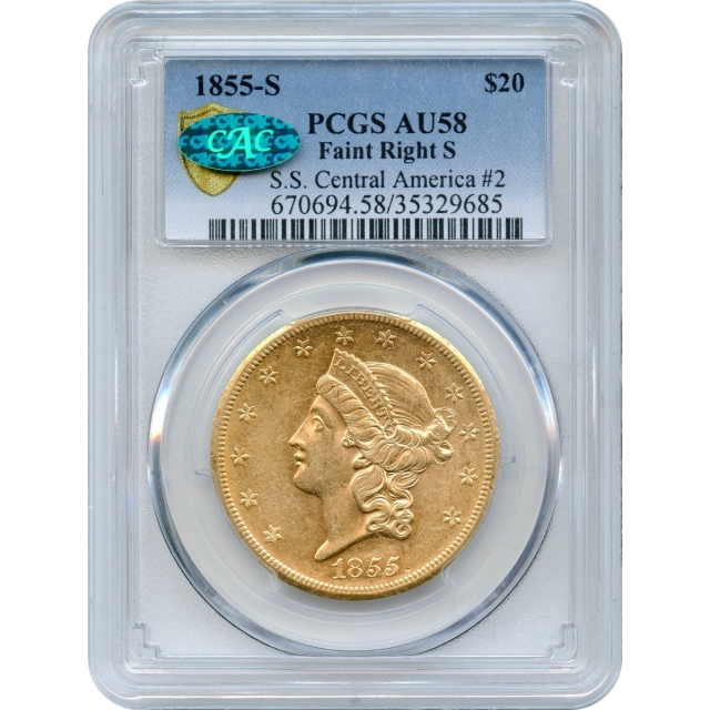 1855-S $20 Liberty Head Double Eagle, 14H PCGS AU58 (CAC) Ex.SS Central America 