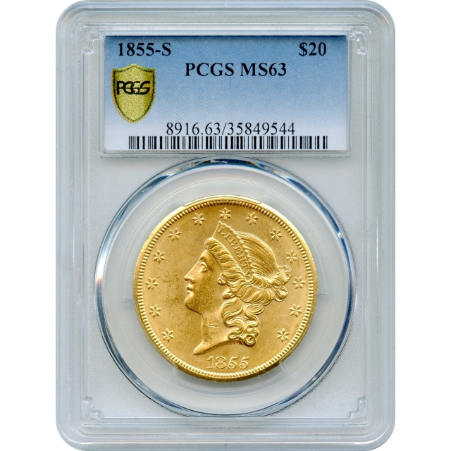 1855-S $20 Liberty Head Double Eagle PCGS MS63