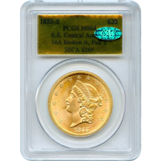 1855-S $20 Liberty Head Double Eagle 14A PCGS MS64 (CAC) Ex.SS Central America w/Box & COA