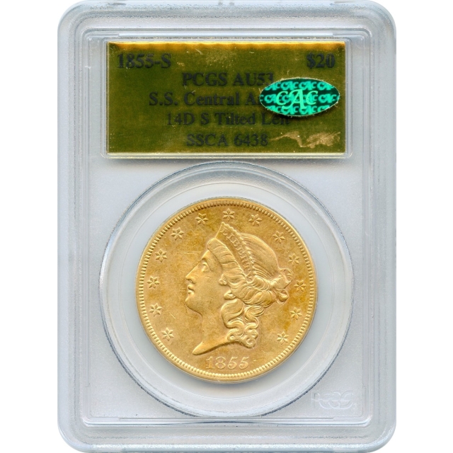 1855-S $20 Liberty Head Double Eagle 14A PCGS AU53 (CAC) Ex.SS Central America