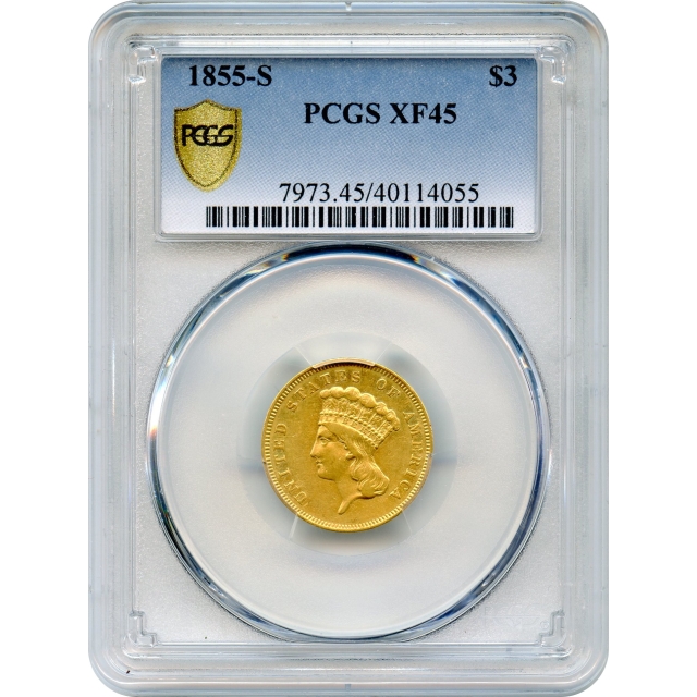 1855-S $3 Indian Princess Three Dollar PCGS XF45 - First San Francisco Issue!