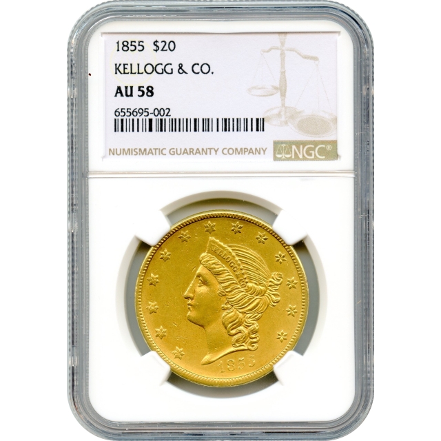1855 $20 California Gold Double Eagle - Kellogg & Co. NGC AU58