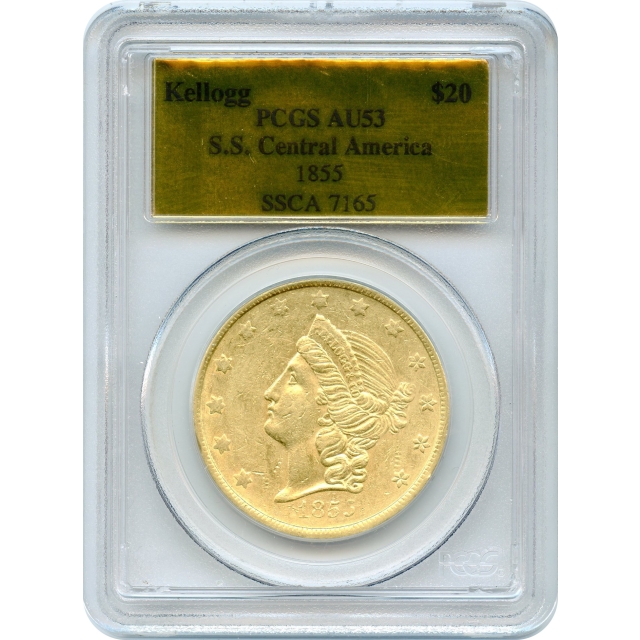 1855 $20 California Gold Double Eagle - Kellogg & Co., K-3 PCGS AU53 Ex. SS Central America