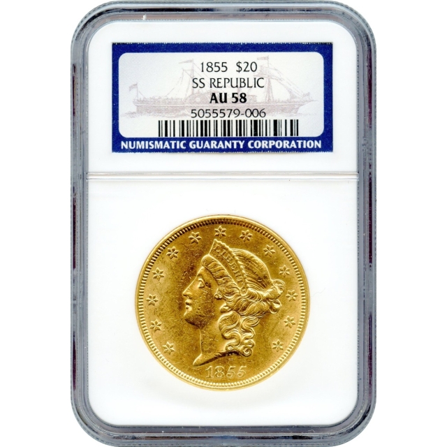 1855 $20 Liberty Head Double Eagle NGC AU58 Ex. SS Republic