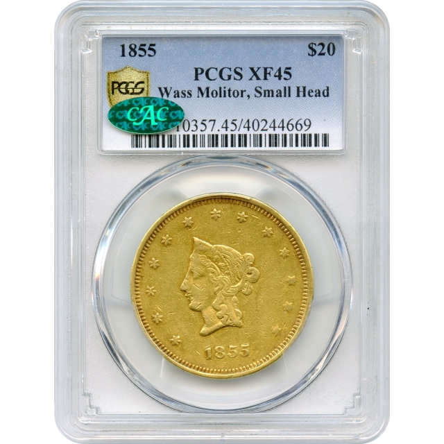 1855 $20 California Gold Eagle - Wass Molitor & Co., Small Head PCGS XF45 (CAC)