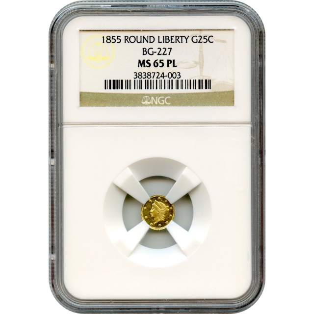 BG- 227, 1855 California Gold Rush Circulating Fractional Gold 25C, Liberty Round NGC MS65PL R6