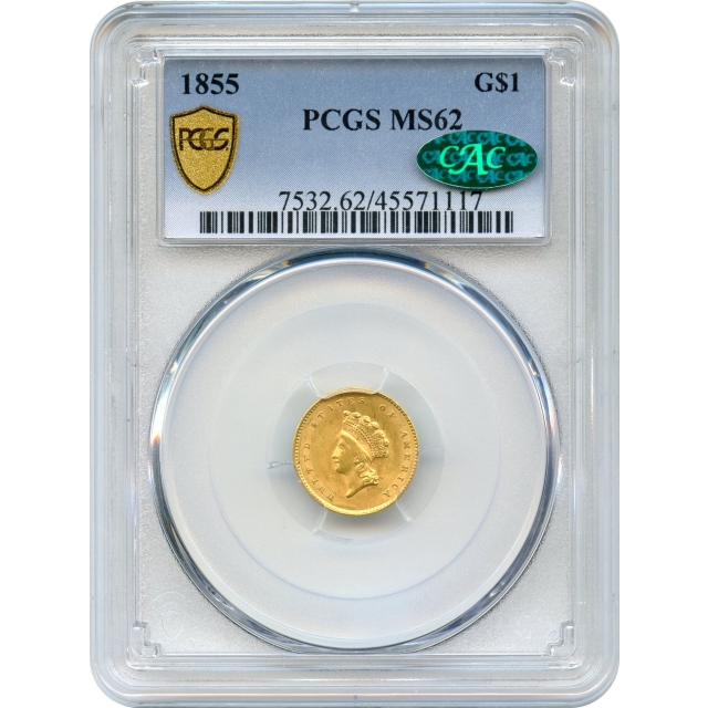 1855 G$1 Indian Princess Gold Dollar PCGS MS62 (CAC)