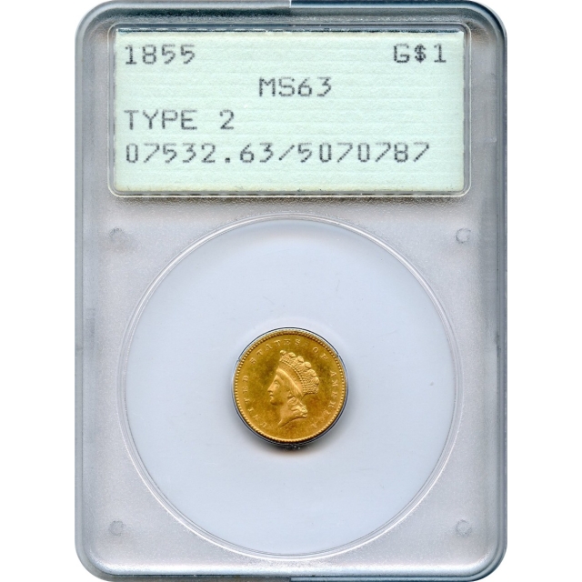 1855 G$1 Indian Princess Gold Dollar, Type 2 PCGS MS63