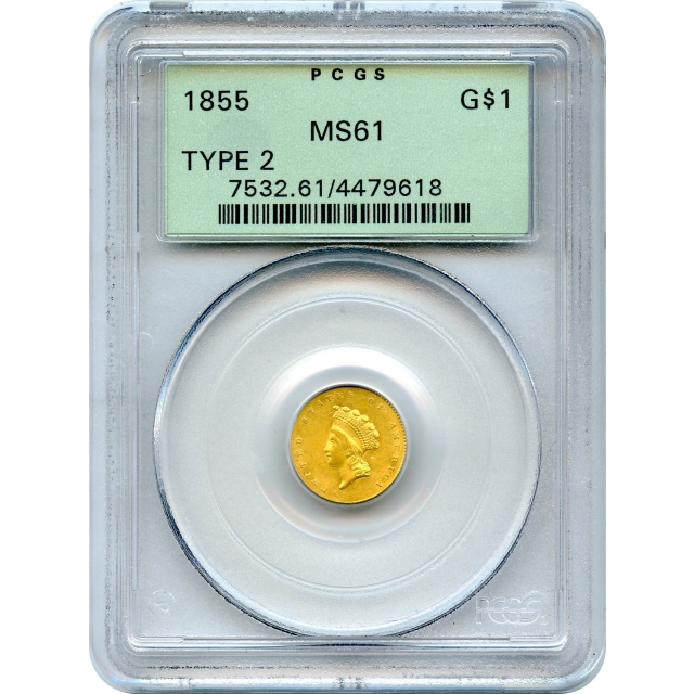 1855 G$1 Indian Princess Gold Dollar PCGS MS61 (OGH)