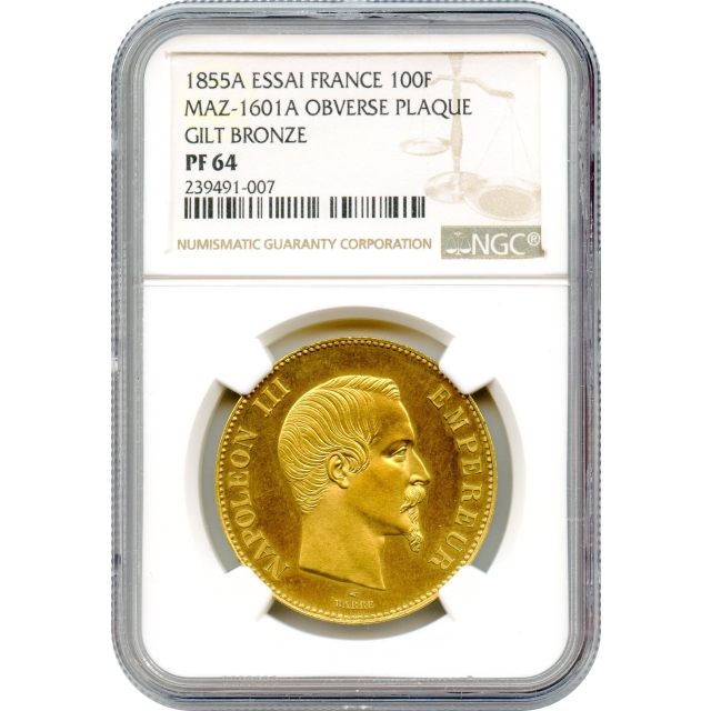World - 1855A 100F Essai France, Gilt Bronze Obverse design NGC PR64