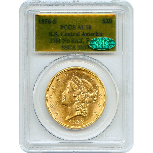 1856-S $20 Liberty Head Double Eagle, 17M PCGS AU58 (CAC) Ex. SS Central America