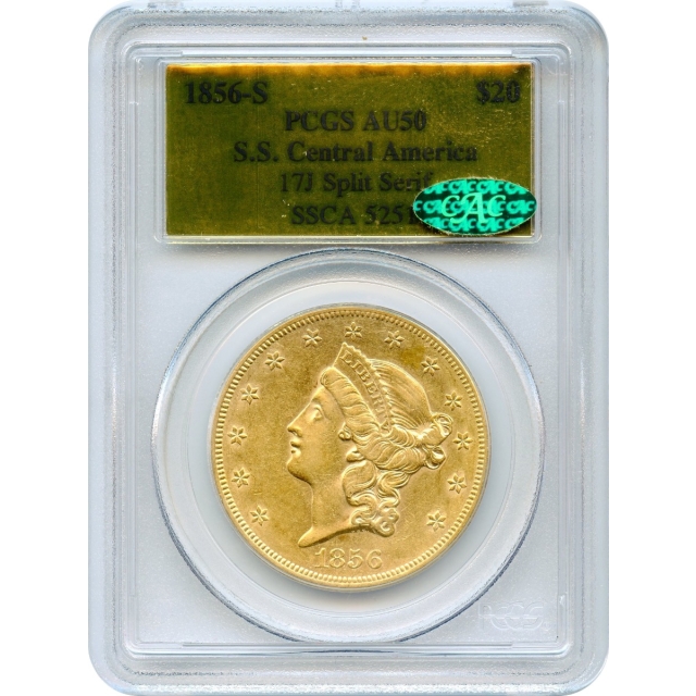 1856-S $20 Liberty Head Double Eagle 17J PCGS AU50 (CAC) Ex.SS Central America