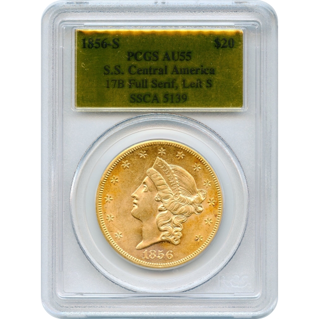 1856-S $20 Liberty Head Double Eagle, 17B PCGS AU55 Ex. SS Central America 