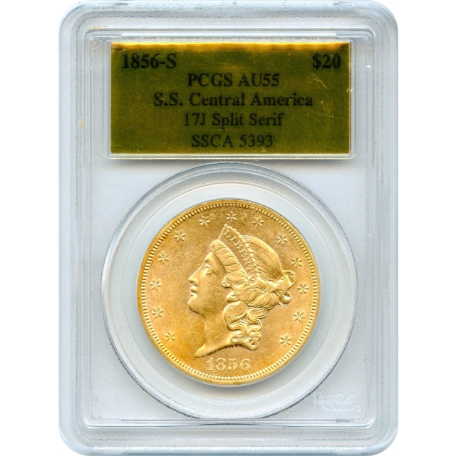 1856-S $20 Liberty Head Double Eagle, 17J PCGS AU55 Ex. SS Central America