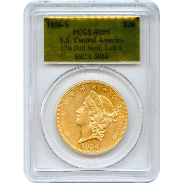 1856-S $20 Liberty Head Double Eagle, 17B PCGS AU55 Ex.SS Central America