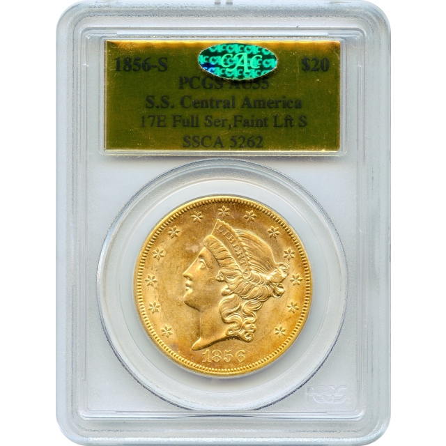 1856-S $20 Liberty Head Double Eagle, 17E PCGS AU55 (CAC) Ex.SS Central America