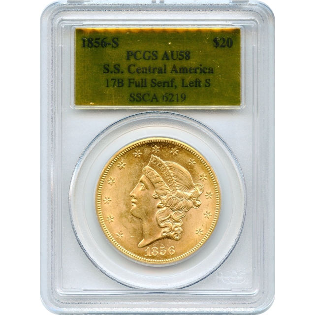 1856-S $20 Liberty Head Double Eagle, 17B PCGS AU58 Ex.SS Central America