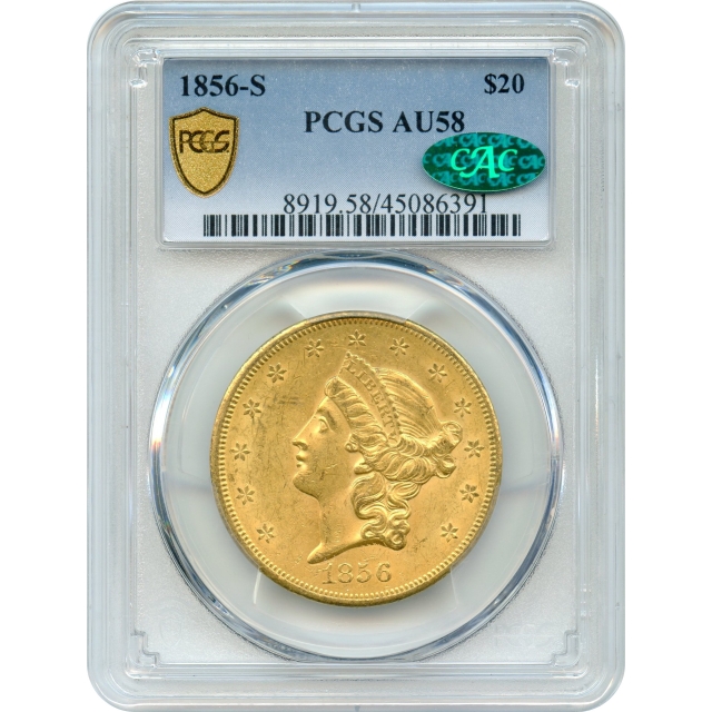 1856-S $20 Liberty Head Double Eagle PCGS AU58 (CAC)
