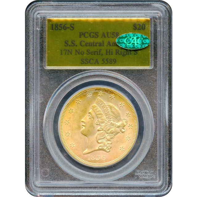 1856-S $20 Liberty Head Double Eagle, 17N PCGS AU58 (CAC) Ex.SS Central America