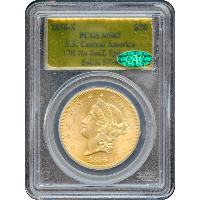 1856-S $20 Liberty Head Double Eagle, 17K PCGS MS62 (CAC) Ex.SS Central America