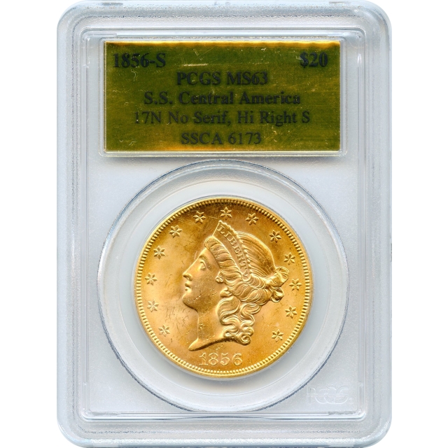 1856-S $20 Liberty Head Double Eagle, 17N PCGS MS63 Ex. SS Central America