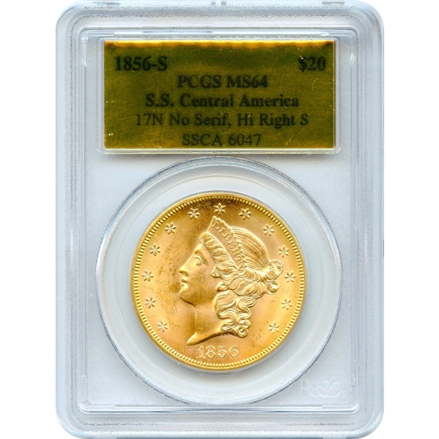 1856-S $20 Liberty Head Double Eagle 17N PCGS MS64 Ex. SS Central America